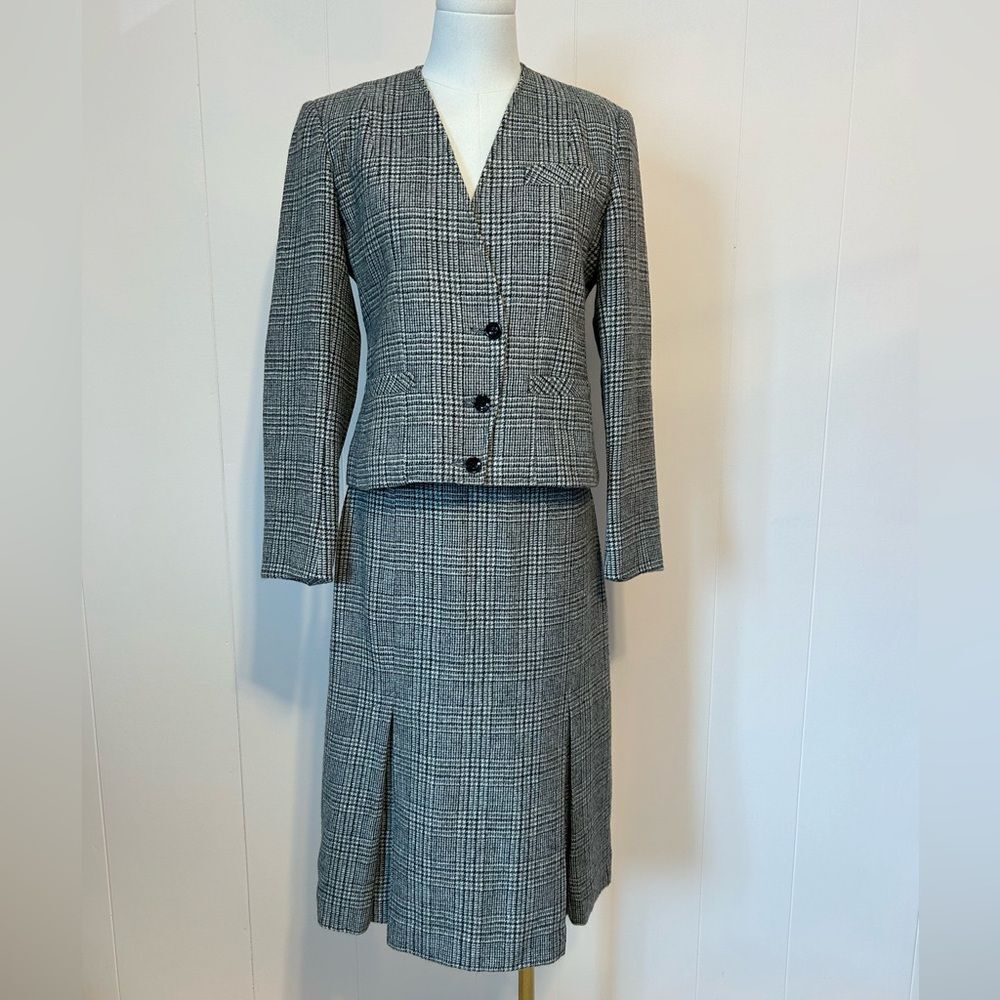 Vintage Holt Renfrew wool Gray Plaid Skirt Suit